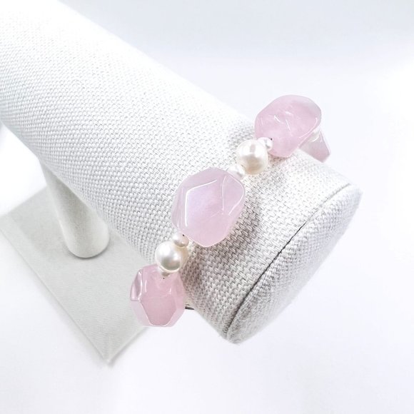Unbranded Jewelry - Rose Quartz Nugget & Freshwater Pearl Silver Tone Toggle Clasp 8” Bracelet
